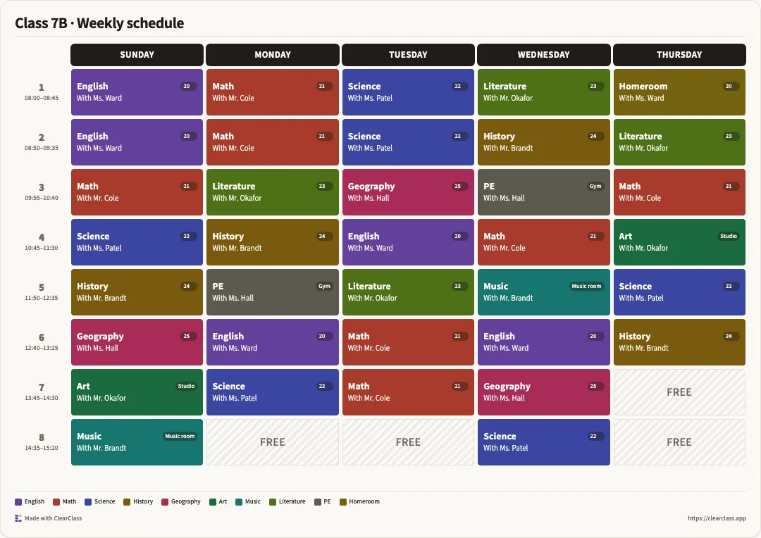 The same example schedule in the Color Blocks style.